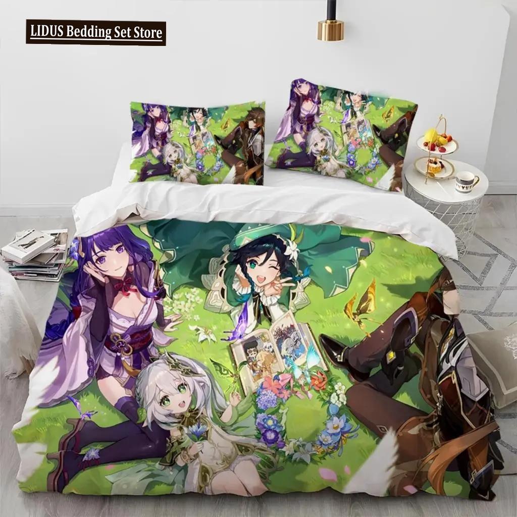 Set de lenjerie de pat Anime Genshin Impact Game Băieți Fete Twin Queen Size Husă de pilota Față de Pernă Pat Copii Adulti Textile de casaextile