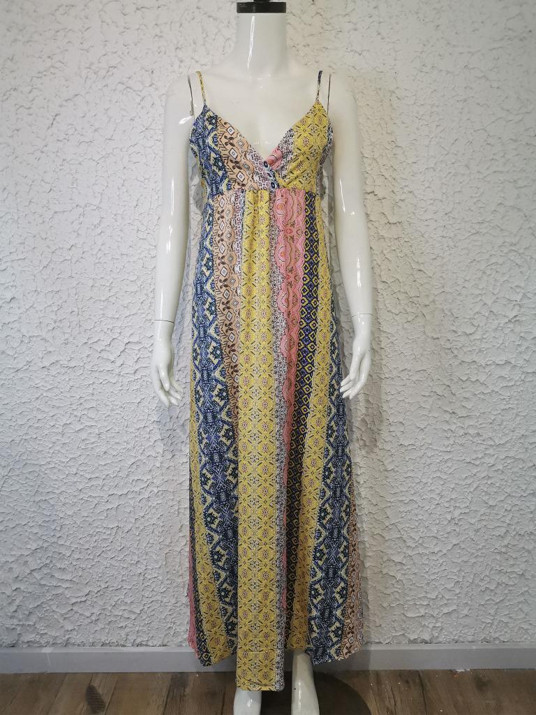 2026 Summer V-Neck Floral Spaghetti Strap Maxi Dress, Women's Backless Design