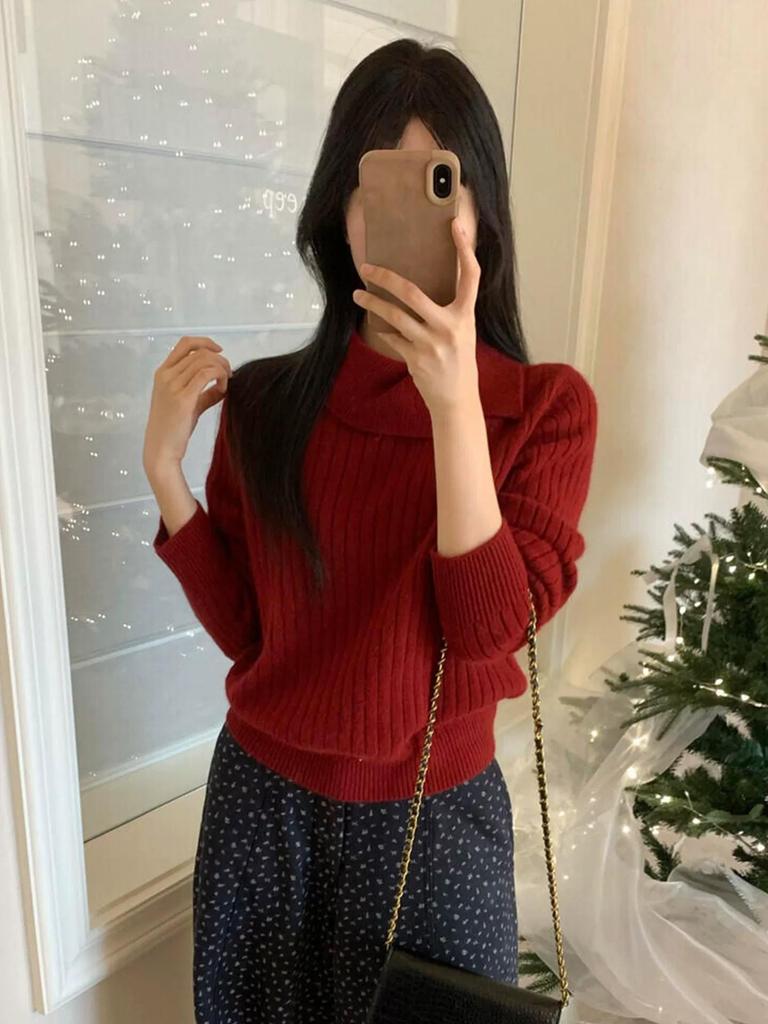 Women's 100% Wool Thickened Lapel Pullover Sweater - Autumn/Winter Loose Cable Knit Long Sleeve Cashmere Base Layer