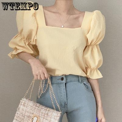 Retro Puff Sleeve Square Neck Short Sleeve T-Shirt Women's Summer Dress New Small Design Shirt