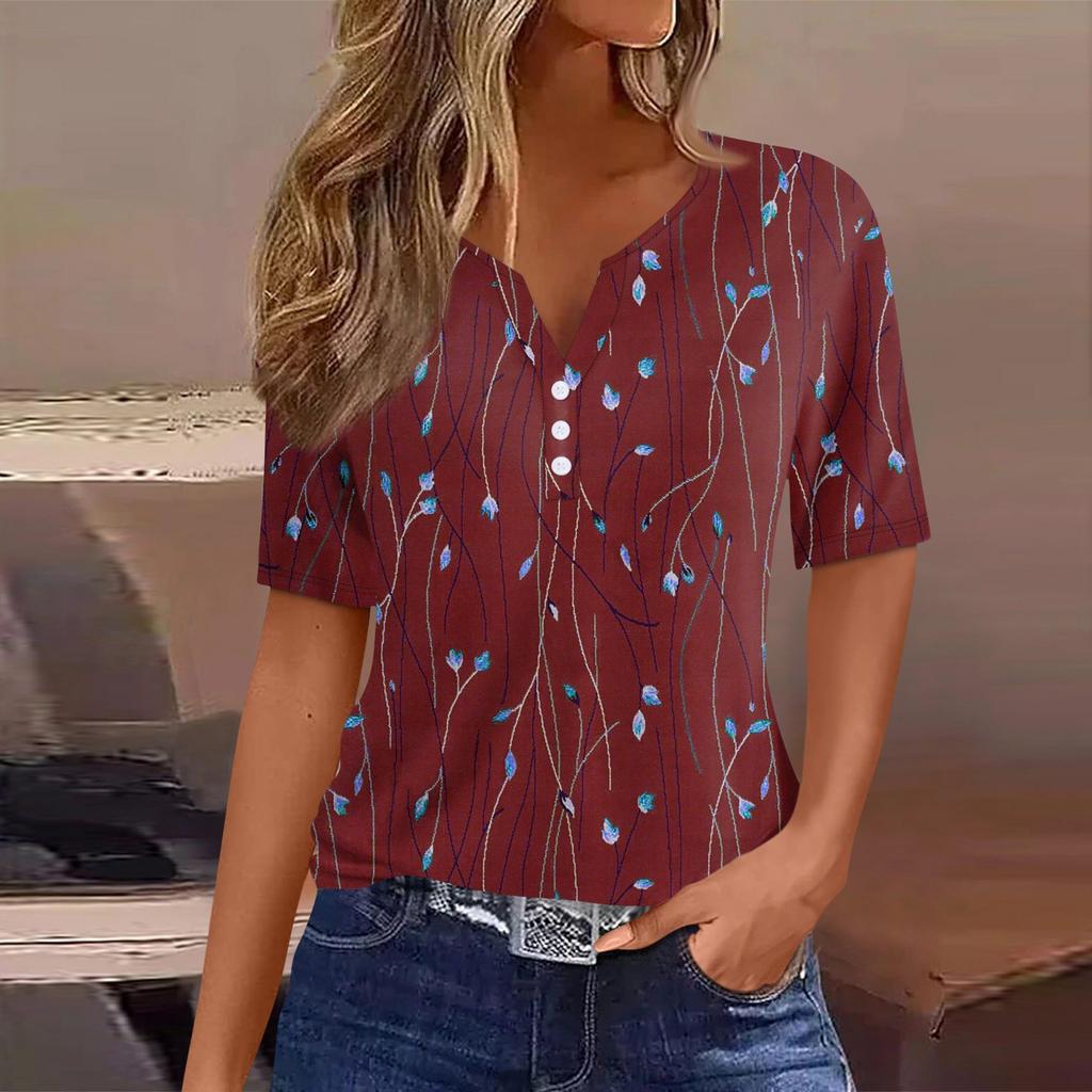 Women's T Shirt Tee Printed Button Short Sleeve Tunic Daily Weekend Fashion Basic V- Neck Regular Top