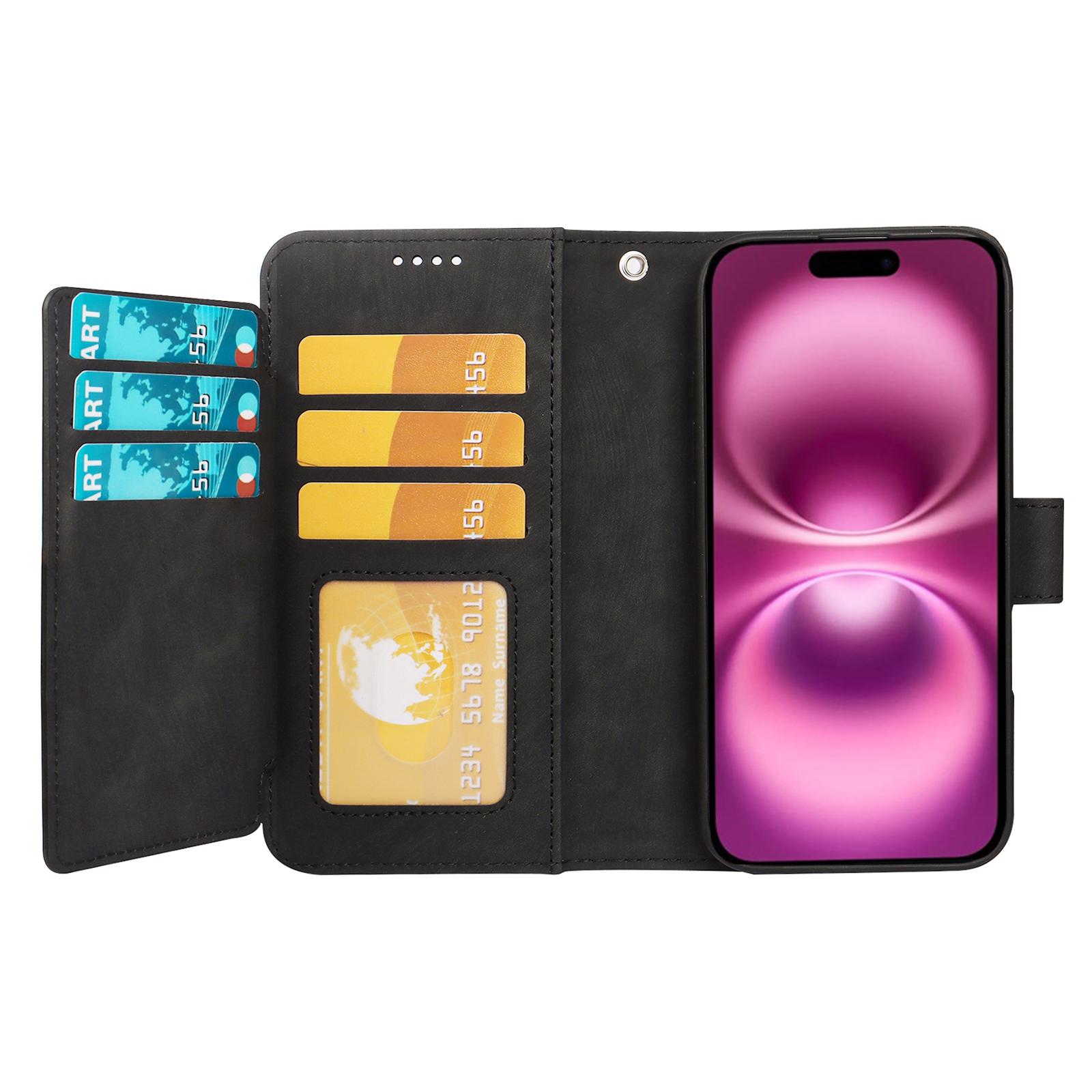 

For iPhone 16 Leather Case Line Pattern Wallet Phone Cover with 9 Card Slots Blue