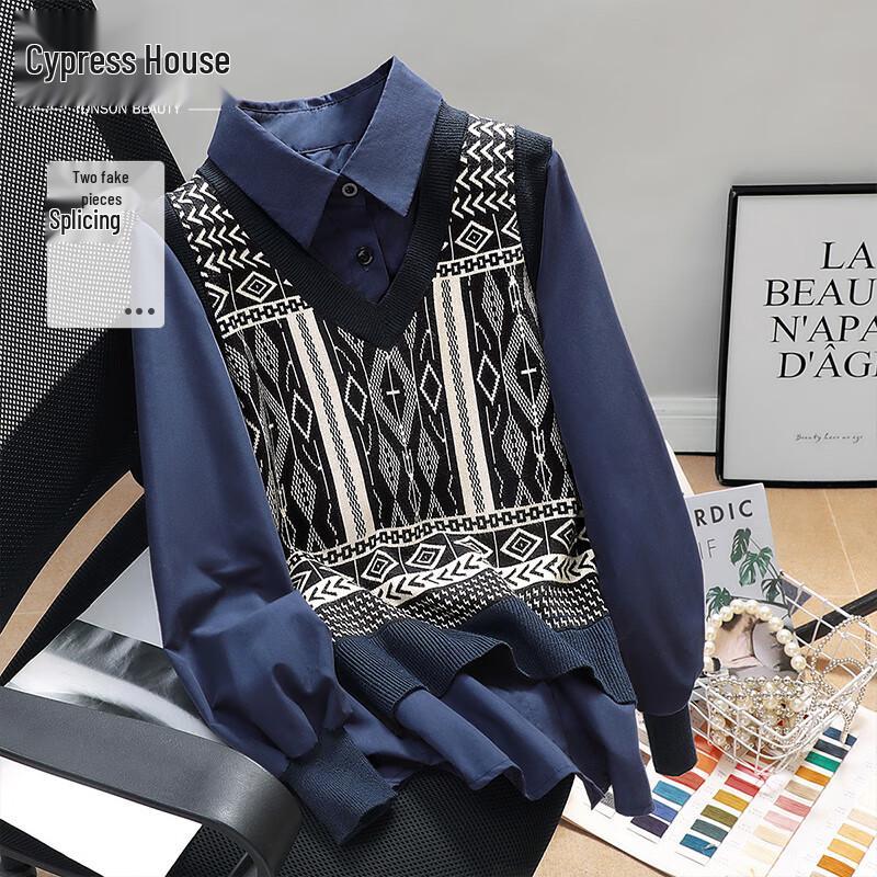 Sylvester Retro Colorblock Embroidered Faux Two-Piece Blouse XL