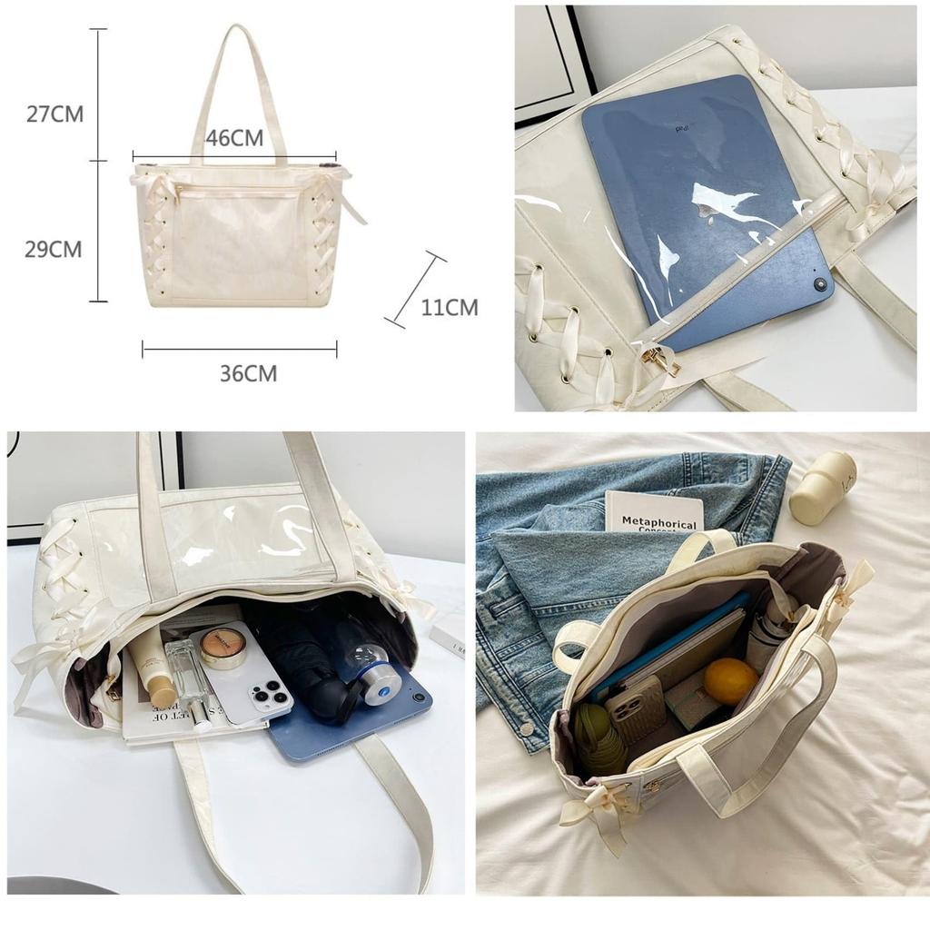 YOBLUELO Ita-Tasche, Umhängetasche, Schnür-Tragetasche, Dekorative Tasche, A4-Größe, Transparente Tasche für Damen mit Schleifen-Dekoration (Weiß)