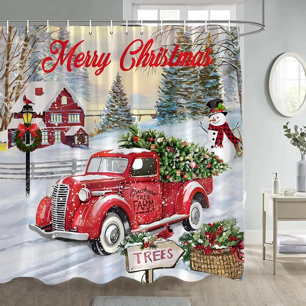Zima Vánoce Sprchový závěs Legrační sněhulák Xmas Trees Krbové auto Lesní Snowy Scéna Nový rok Holiday Home Dekorace koupelny