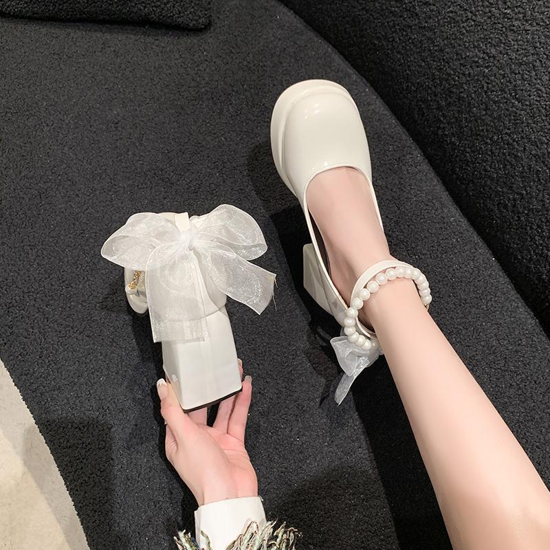 Designer Mary Jane Shoes Women's Spring New Ultra-high Heel Pearl Chain with Platform Block Heel Wedding Shoes Lolita Shoes