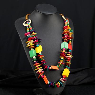Bohemian Holiday Style Colorful Wood Necklace with European and American Ethnic Style Long Style Exaggerated Personalized Accessories for Women