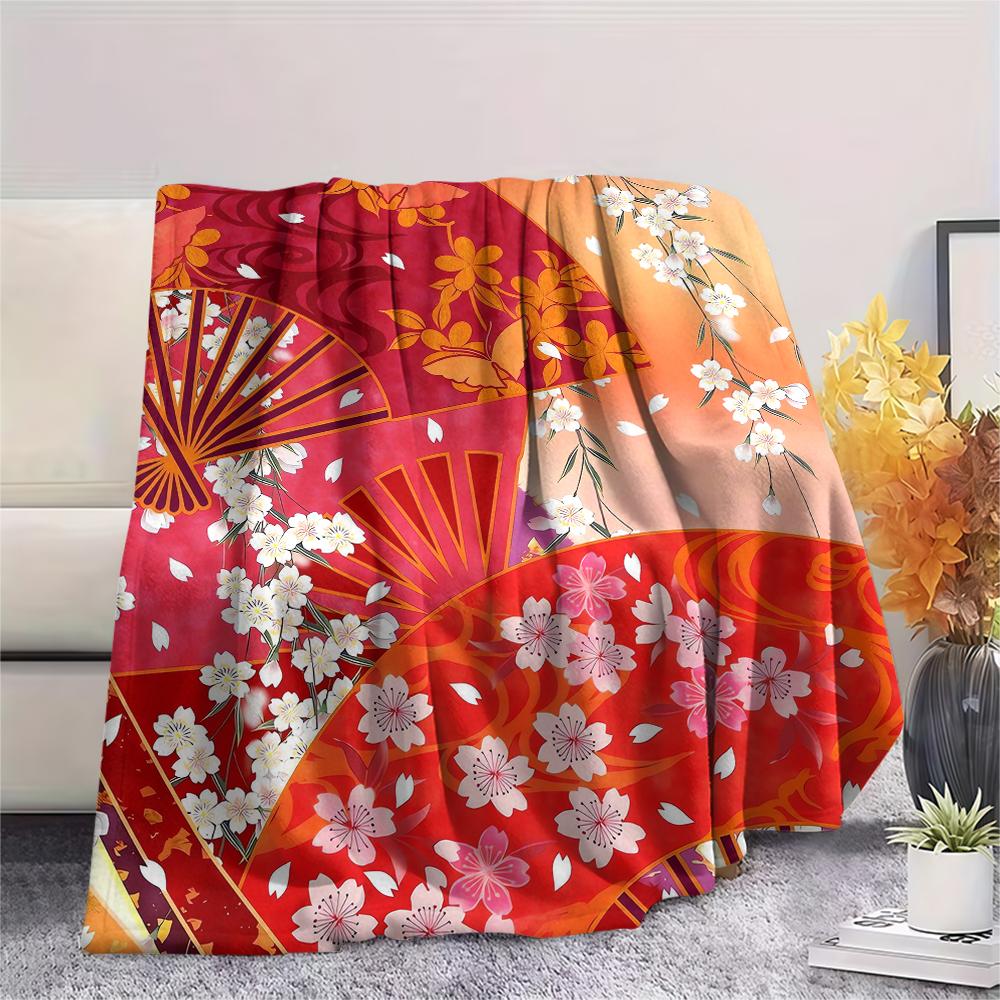 1Pc Japanese Pattern Print Flannel Blanket, High Quality Comfortable for All Seasons, Home Decor, Warmth and Comfort, Perfect for Christmas Gifts