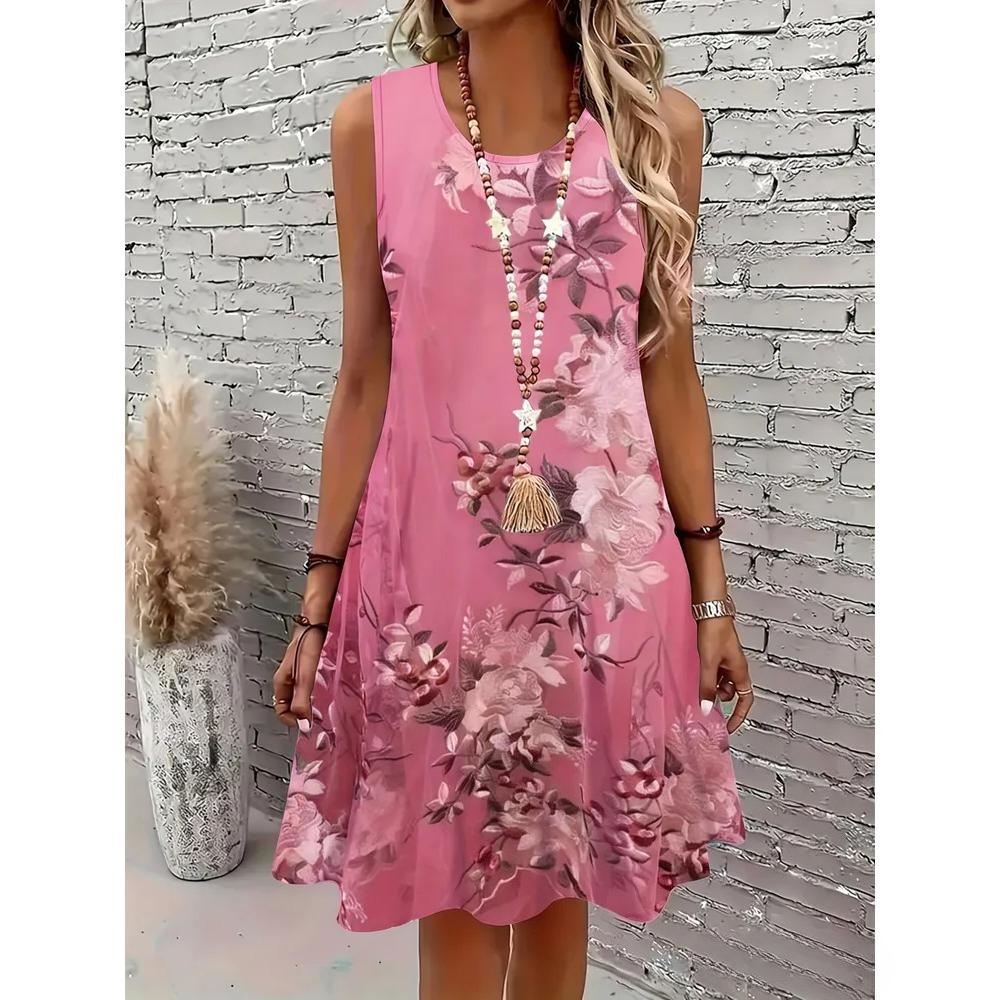 Summer Sleeveless Dress Women Fashionable Colorful Flowers 3d Print Beach Vacation Mini Dresses Comfortable Plus Size 8XL Soft Breathable Vest Dress