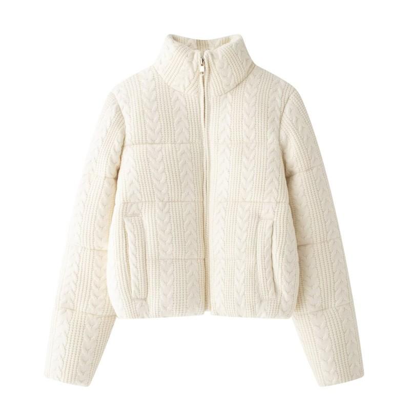 Womens Knit Wool-Blend Thick Jacket Casual Stand Collar Zipper Coat Style