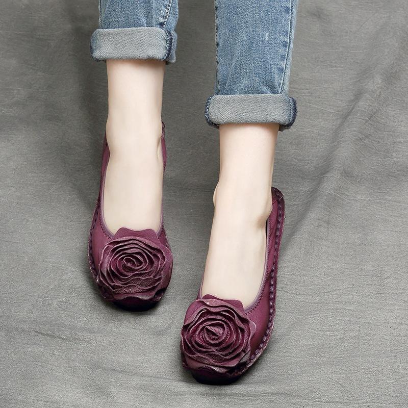 Fashion GKTINOO Retro Women Shoes Loafers Big Flower Soft Soles Casual Low Heel Luxury Shoes Flats Elegant Genuine Leather Ladies Shoes