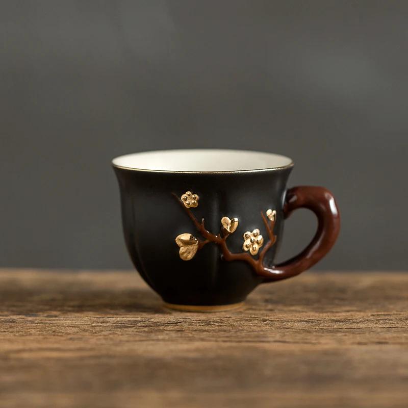 

50/70 мл китайская керамическая чашка ручной работы с рисунком сливы, маленькие кофейные чашки с ручкой, китайские фарфоровые кружки, чайный сервиз T014 50-70ml
