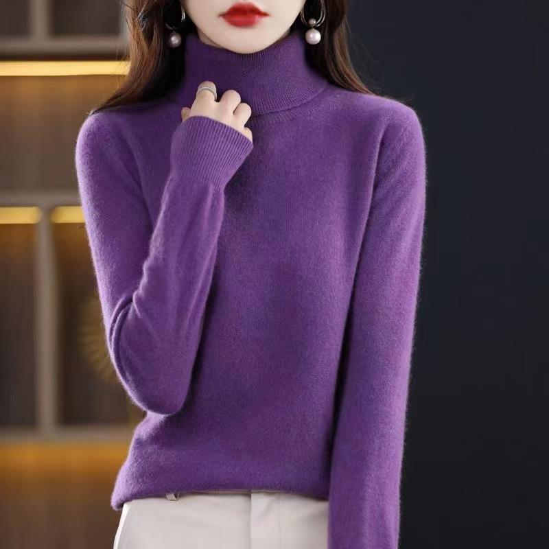 Winter Sweater Long Sleeved Knitted Sweater Solid Color Versatile Temperament Women's Base Shirt