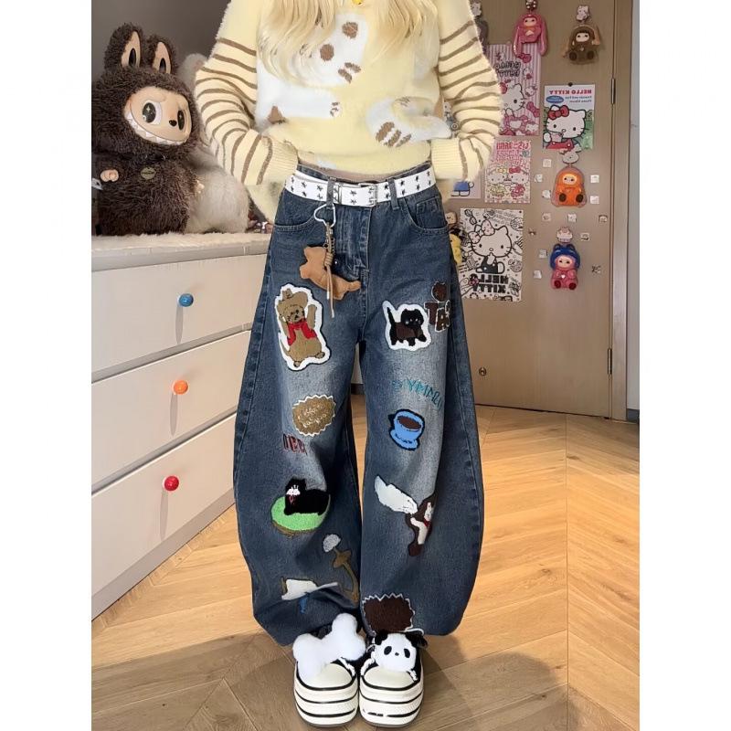 2025 Spring/Autumn Women's Retro Cartoon Embroidered Scimitar Jeans – Loose, Casual Long Pants Trendy Style