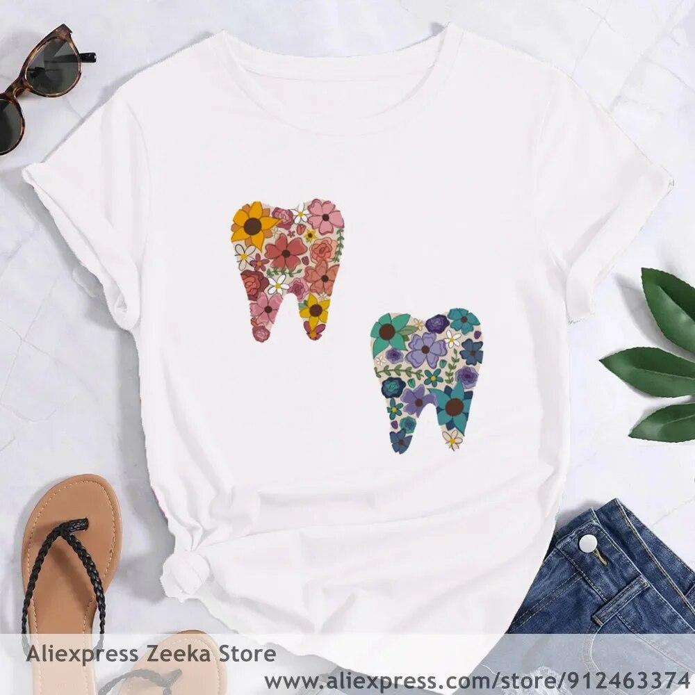 Zahn und Zahnarzt Grafik Ästhetik Frauen Lustige Print Damen T-shirt Mädchen Y2K Harajuku Basis O-kragen Weißes Hemd Kurze