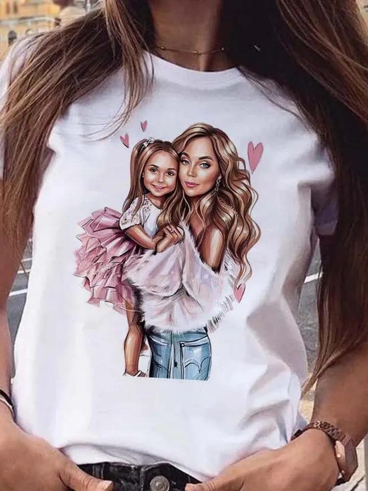 Cartoon Mother and Son Daughter Pattern Printed Women's T-Shirt Summer Casual Harajuku T-Shirt