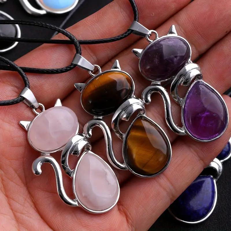 Natürlicher Kristall Katzen Anhänger Halskette Mit Amethyst Und Rosenquarz Für Einzigartigen Schmuck Geschenk