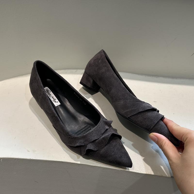 Fashion SUOJIALUN 2025 Autumn Women Single Shoes Fashion Ruffles Pointed Toe Shallow Slip On Boat Shoes Square Low Heel Dress Pumps Shoe