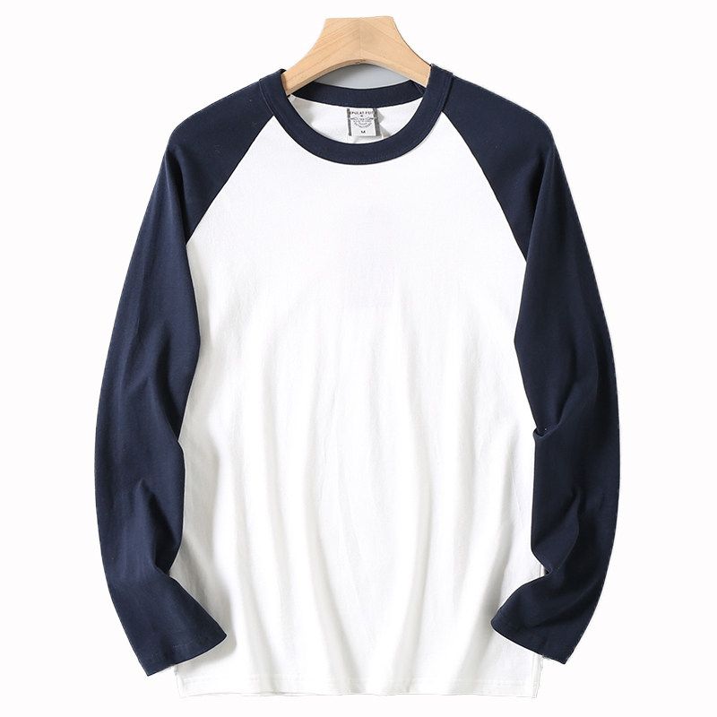 Style Pure Cotton Fashion Brushed Long Sleeve Spring and Autumn Bottoming Shirt Men's Solid Color Patchwork Raglan Sleeve Couple round Neck T-shirt