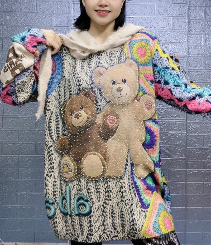 2023 Autumn/Winter Women's Loose Fit Hooded Sweater - Little Bear Print Pullover Knitwear