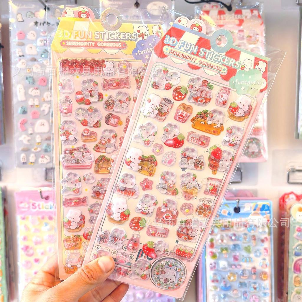 New Authentic 3D Crystal Solid Strawberry Rabbit Embossed Cartoon Stickers For Kids Students Reward Phone Case Decorative Decals