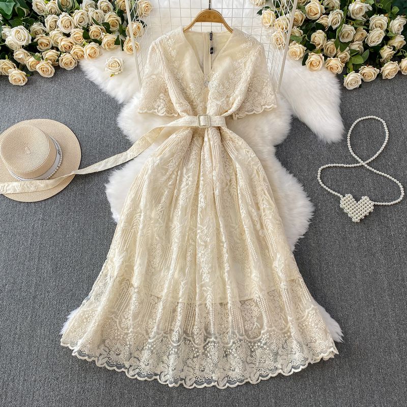 High End Socialite Heavy Industry Lace V-neck Short Sleeve Formal Dress Dress Women Summer Lace-up Waist Hugging Slimming Princess Long Dress