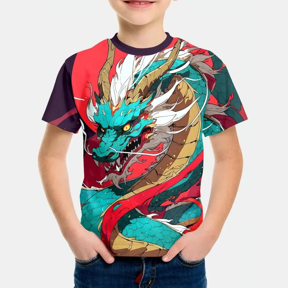 Children's Boy's Clothing Colored Dragons 3D Print Graphic T Shirts Outdoor O-Neck Summer Short Sleeves Top Clothes for Children