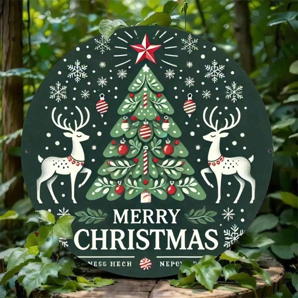1pc Rustic Metal Wall Art Sign, 8x8 Inch Round Tin Reindeer Tree Print, Festive Kitchen Bar Home Decor