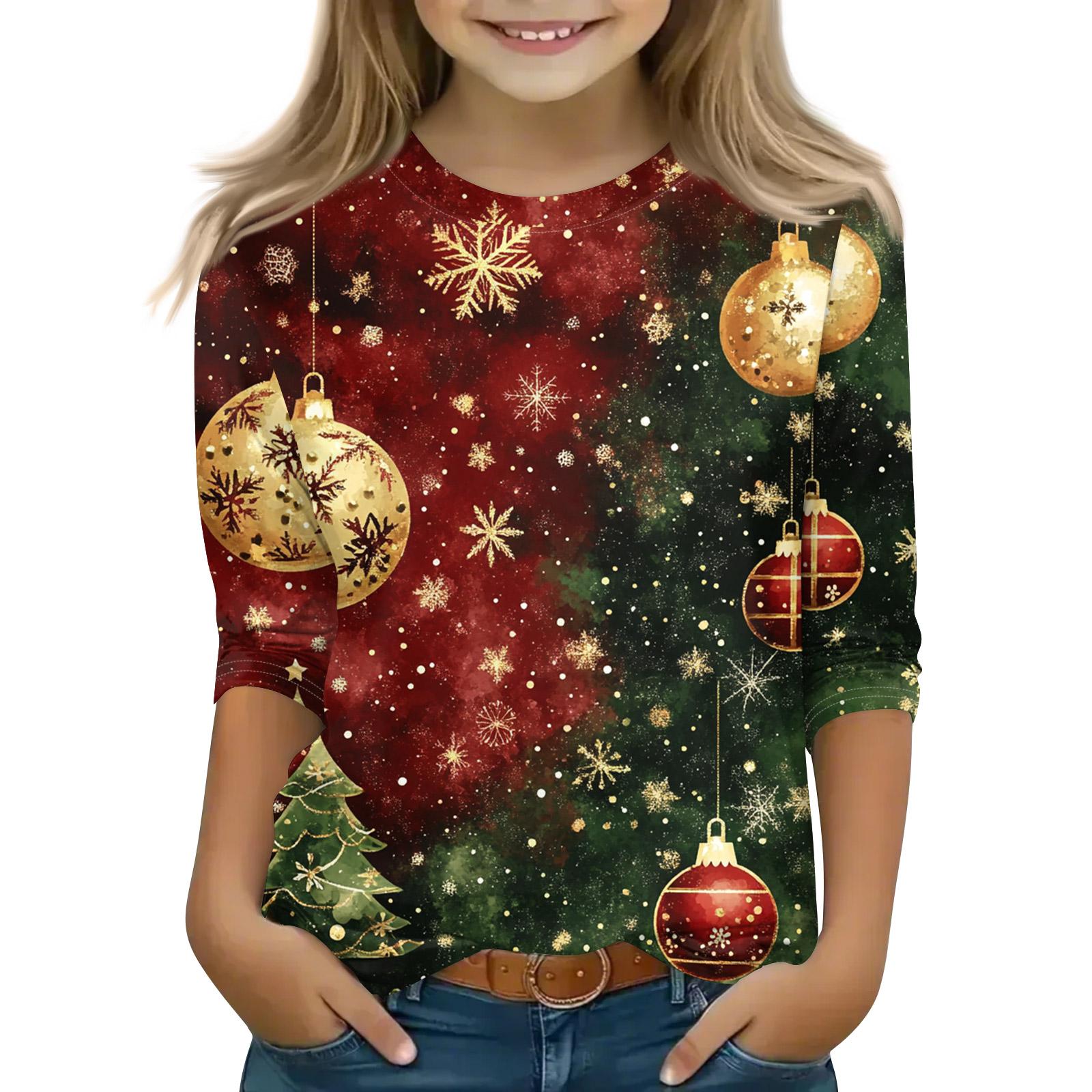 

Рождественские топы с принтом для девочек-подростков 5-16 лет, футболки с круглым вырезом и рукавами 3/4, модные топы, нарядные футболки 160 киноварь