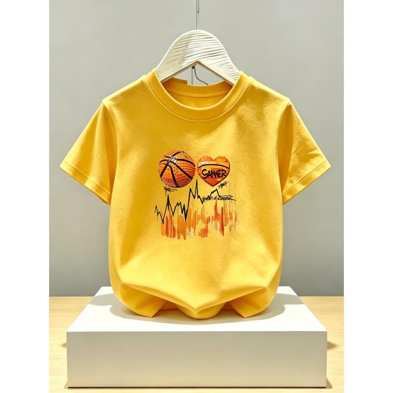 European sizes Creative Building Block Basketball Heart Print Kids' T-Shirt, Crew Neck,  Simple Fashion, Boys' Top, Soft, Breathable, Skin-Friendly