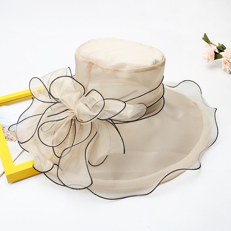 Hat Female Summer Vintage British Style Organza Flower Vacation Big Eaves Beach Sunscreen Flat Top Sun Hat