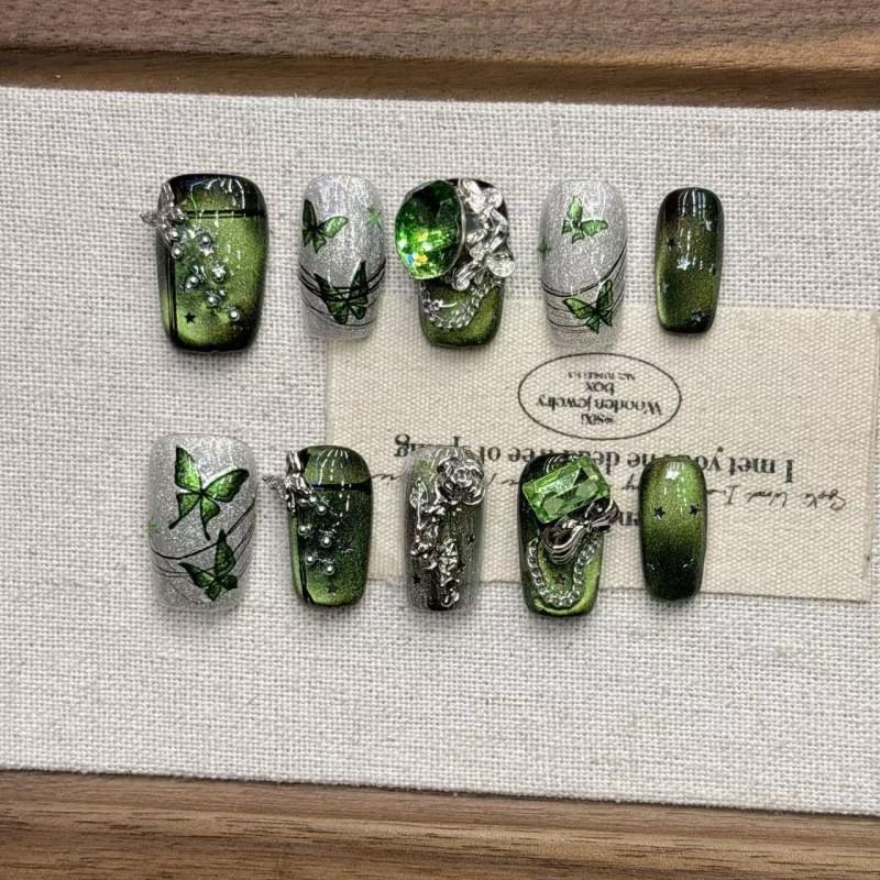 Green Butterfly Short Almond Press-On Nails Handmade Artificial Nail Tips Women Girls