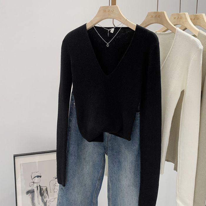 

Женский вязаный свитер с V-образным вырезом - Осенне-зимний базовый топ с длинными рукавами One Size