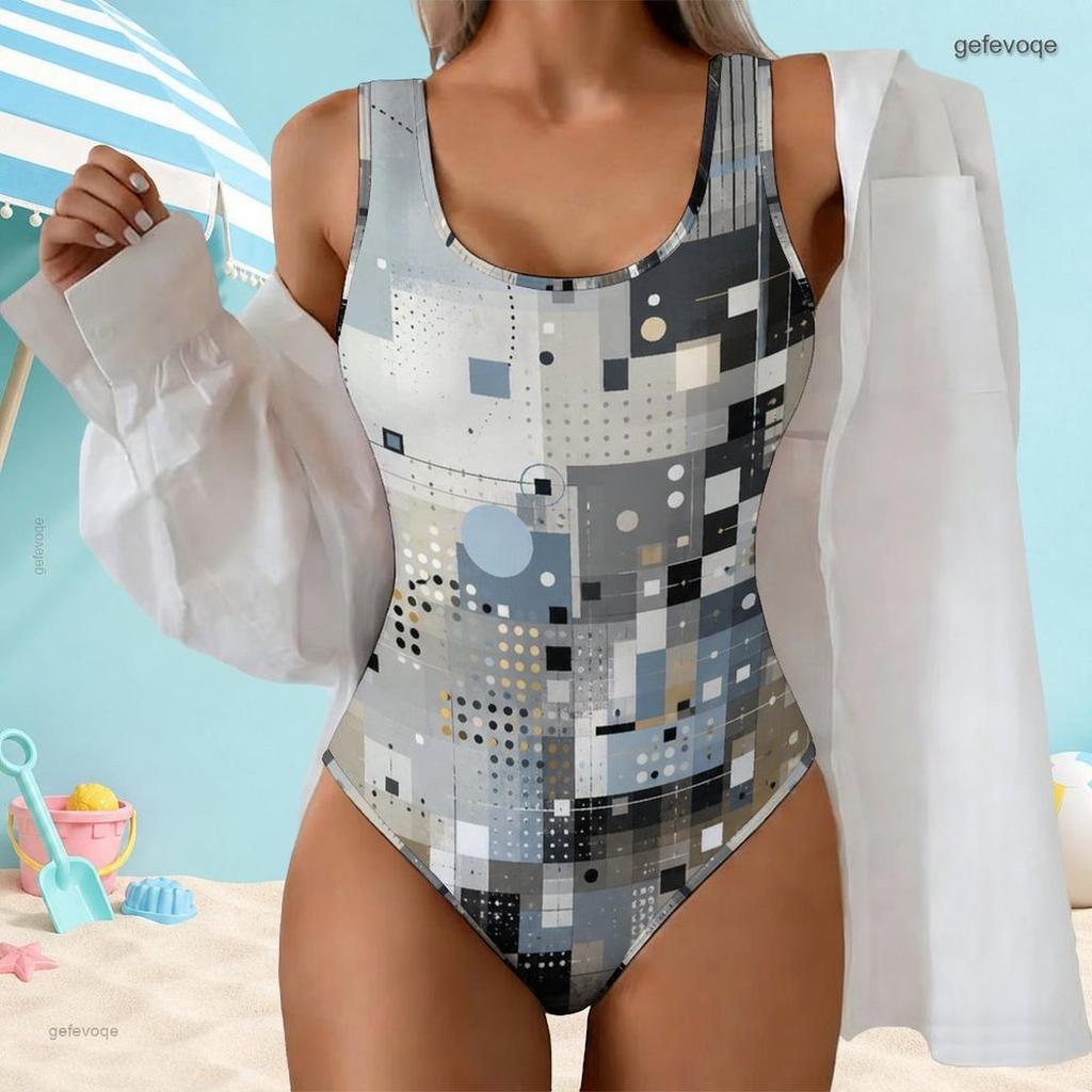 Women Plus Size Geometric Printed One Piece Swimsuit Scoop Neck Wide Straps High Cut