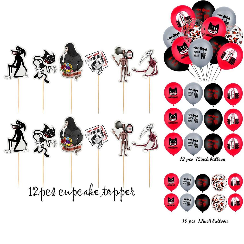 Set Detallado de Suministros para Fiesta de Cumpleaños con Tema de Terror Gato Dibujo Animado Siren Head