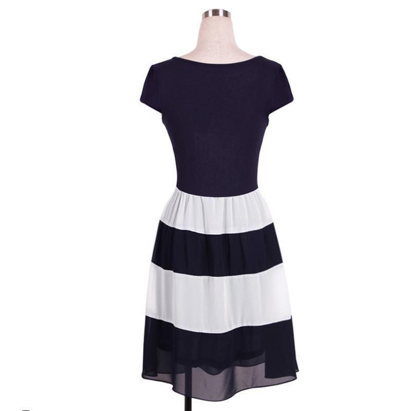 Premium Quality Women Chiffon Striped Dress With Short Sleeves And Zipper Closure