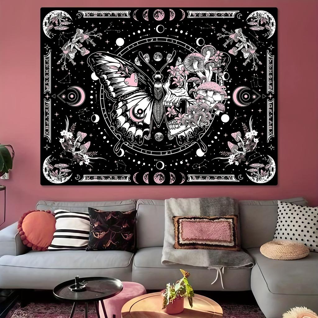 VIKAMA Gothic Bohemian Tapestries With Pink Skulls And Black Butterflies Paired With Mushroom Designs And Dark Floral Wall Decor