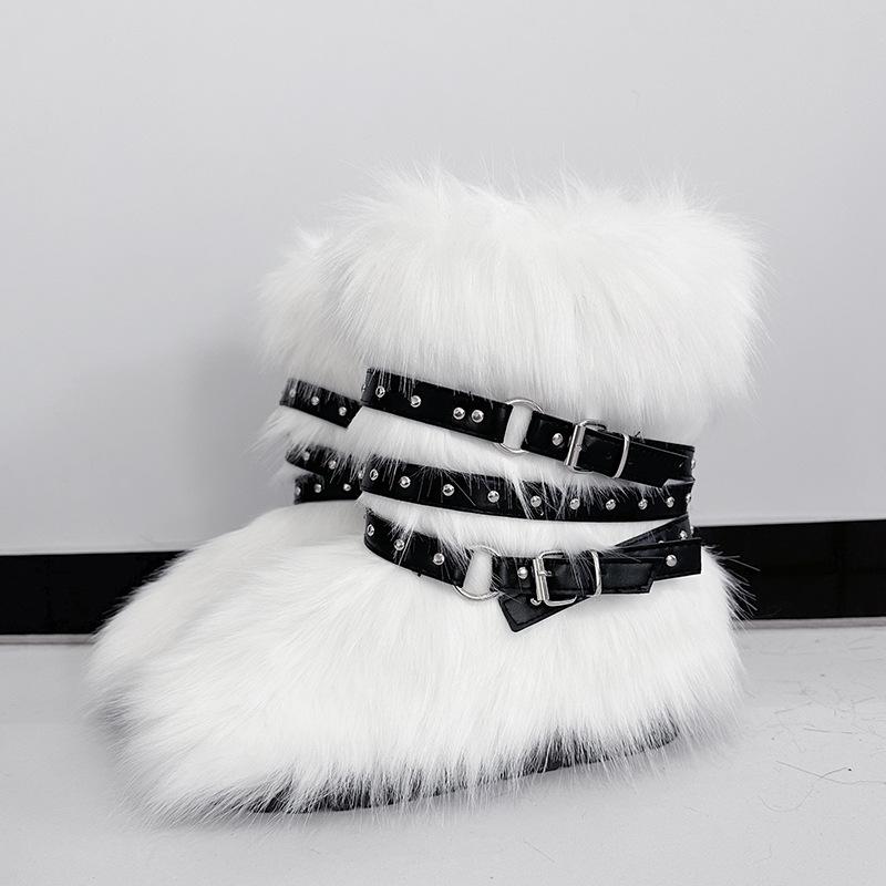 Damen Winterimitat Fuchsfell Stiefel Gürtel Punk Europäisch und Amerikanisch hoher Schaft 40 langer Schaft Schneestiefel Schuhe