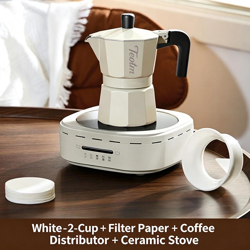 Double Valve Moka Pot 2‑Cup Capacity White Aluminum Coffee Maker Stovetop Espresso Brewer for Home Kitchen Use Make Rich Flavor Coffee Daily Household
