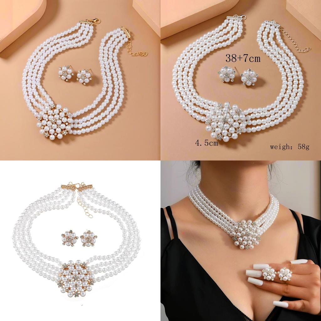 Colar com Pingente de Flor Estilo Europeu e Brincos com Pérola Artificial e Strass