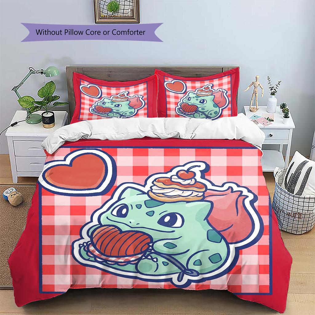 Bulbasaur Patterned Pillowcase & Duvet Cover Set Bedroom Decor Anime Bedding Ideal Gift Choice for Anime Fans.-TING
