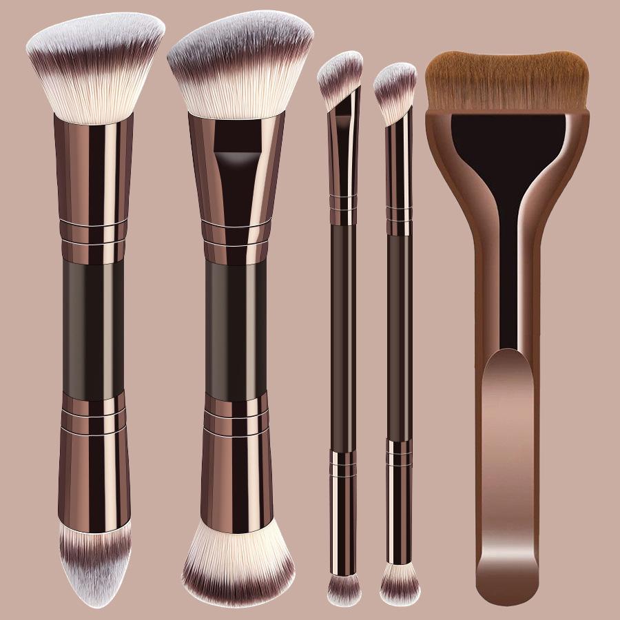 Dual-Head Makeup Brush Set: Foundation, Blush, Loose Powder Brushes In Coffee Color.