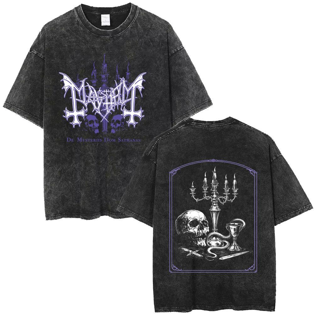 Gewaschenes Vintage Rockband Mayhem De Mysteriis Dom Sathanas Skelett Grafik T-Shirt Herren Death Black Metal Gothic Punk Streetwear
