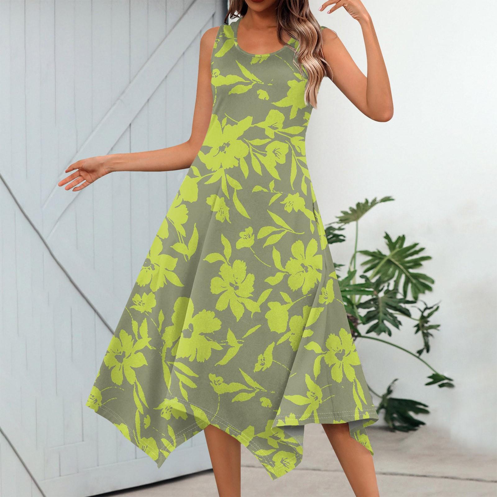 

Женское повседневное модное платье-миди без рукавов с цветочным принтом и нерегулярным подолом с круглым вырезом XXL зелёный