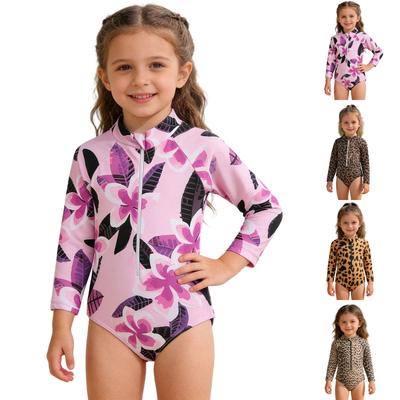 Girls One Piece Swimsuit Long Sleeve Zip Front Hawaiian Floral Print Swimwear for Kids Lightweight Quick Dry