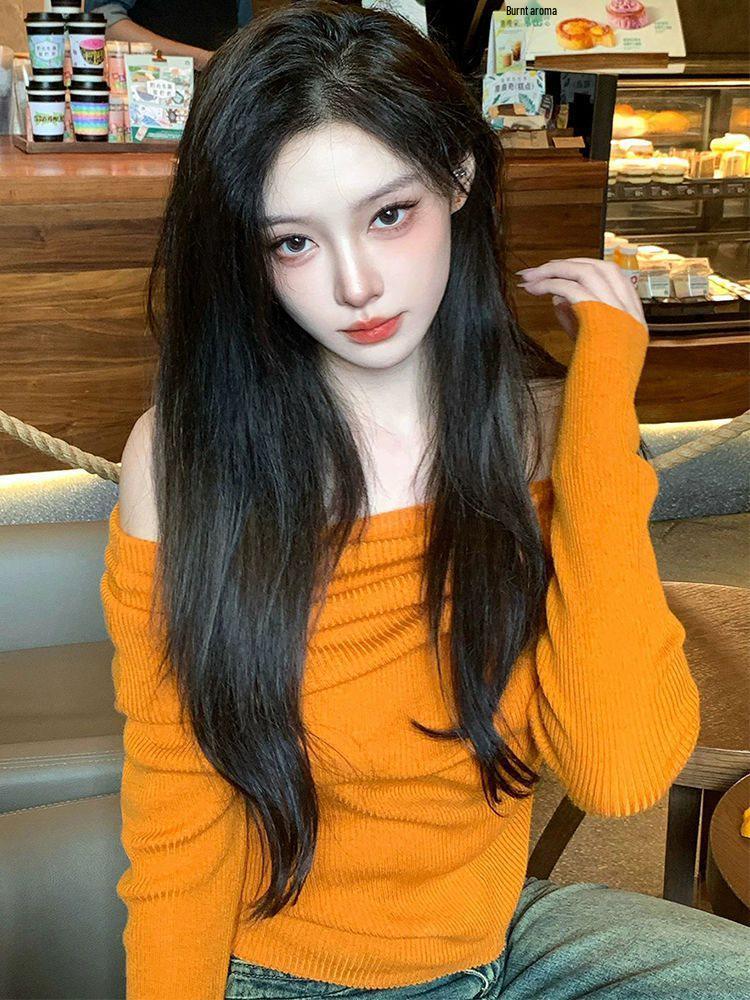 Elegant Tangerine One-Shoulder Knit Sweater - Women's Autumn/Winter Long-Sleeve Top