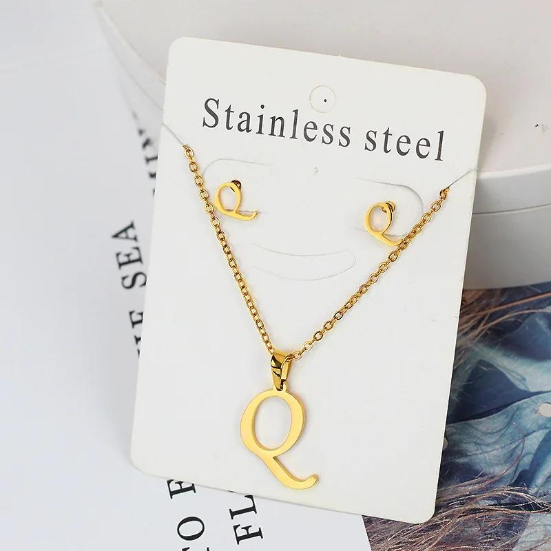Stainless Steel Letter Necklace Bracelet Earring Zircon Set for Women Alphabet Pendant Necklace Party Gift