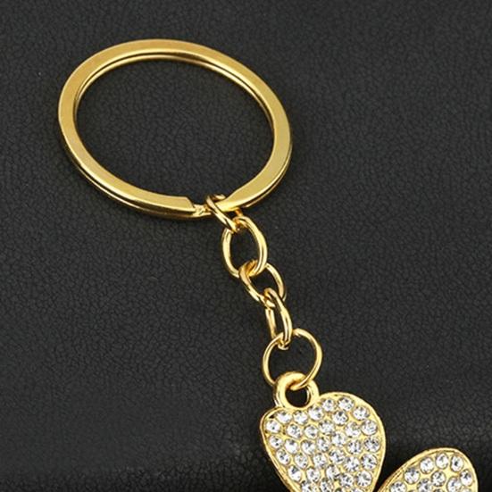 Keychain Pendant Sparkling Rhinestones Inlaid Four-Leaf Clover Design Zinc Alloy Key Chain Electroplated Metal Ring Key Holder Backpack