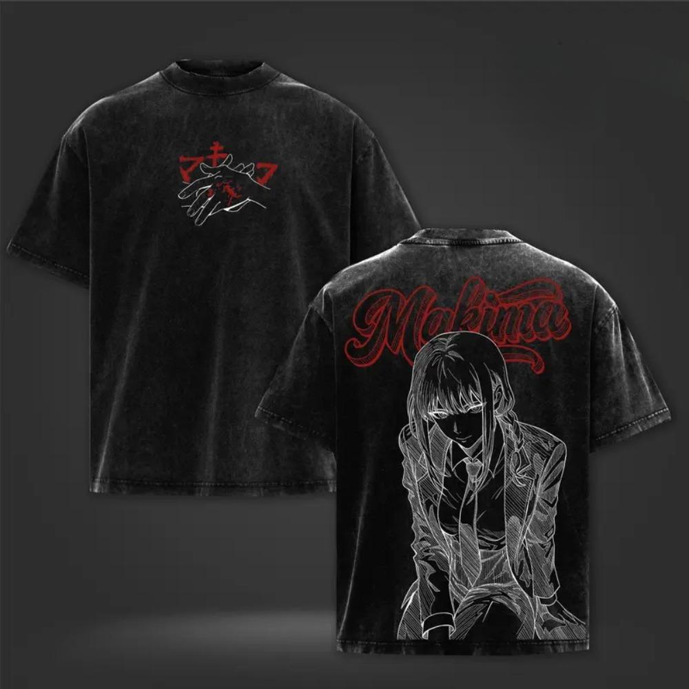 Футболка с аниме-графическим принтом Человек-бензопила Макима мужская и женская одежда хлопковые футболки с коротким рукавом ретро-футболка с эффектом потертости футболка в стиле Харадзюку для мужчин XXL чёрный 1680₽