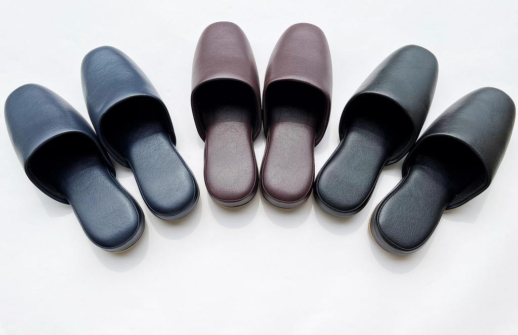 TOKYO SLIPPER Antibacterial Vinyl Slippers of with Thick EVA Safety Slippers for Business and Guest Use Leather-Look (Set 5) Soles, (Black, Large)